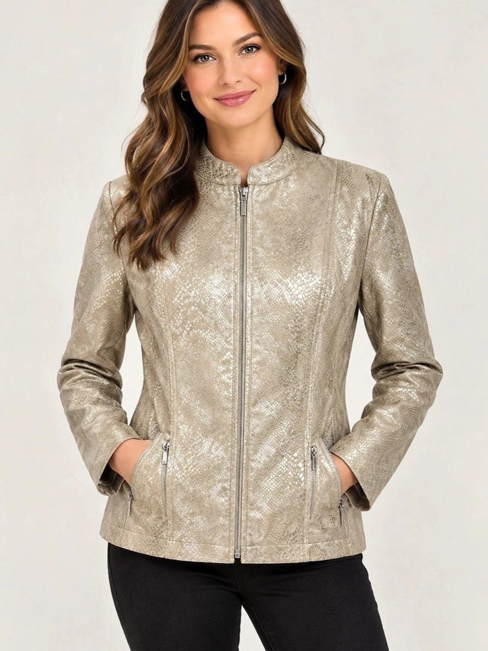 Chico's Metallic Zip Front Jacket in Gold Size XL